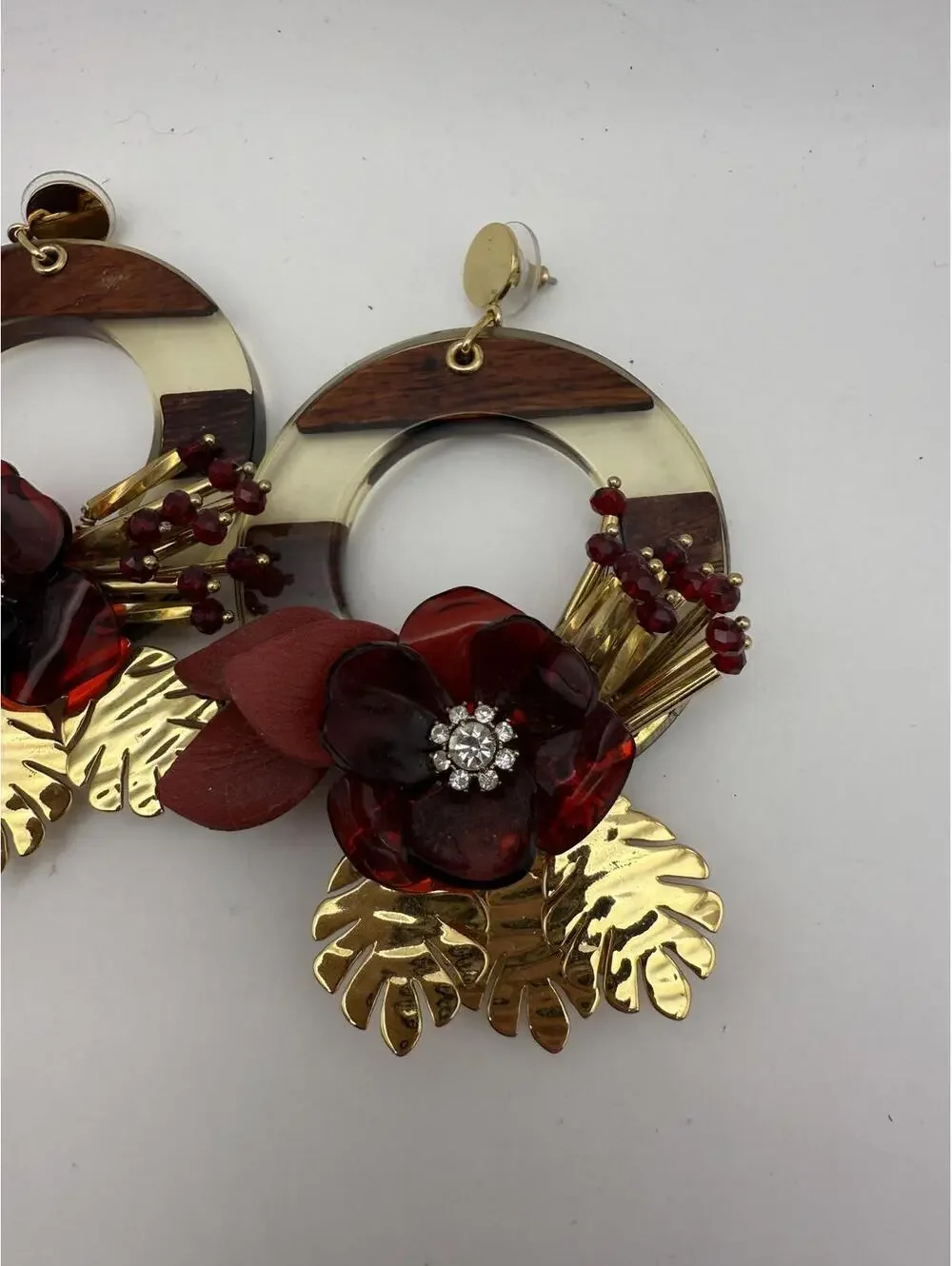 XL Floral Statement Hoop Earrings with Gold Leaf Accents